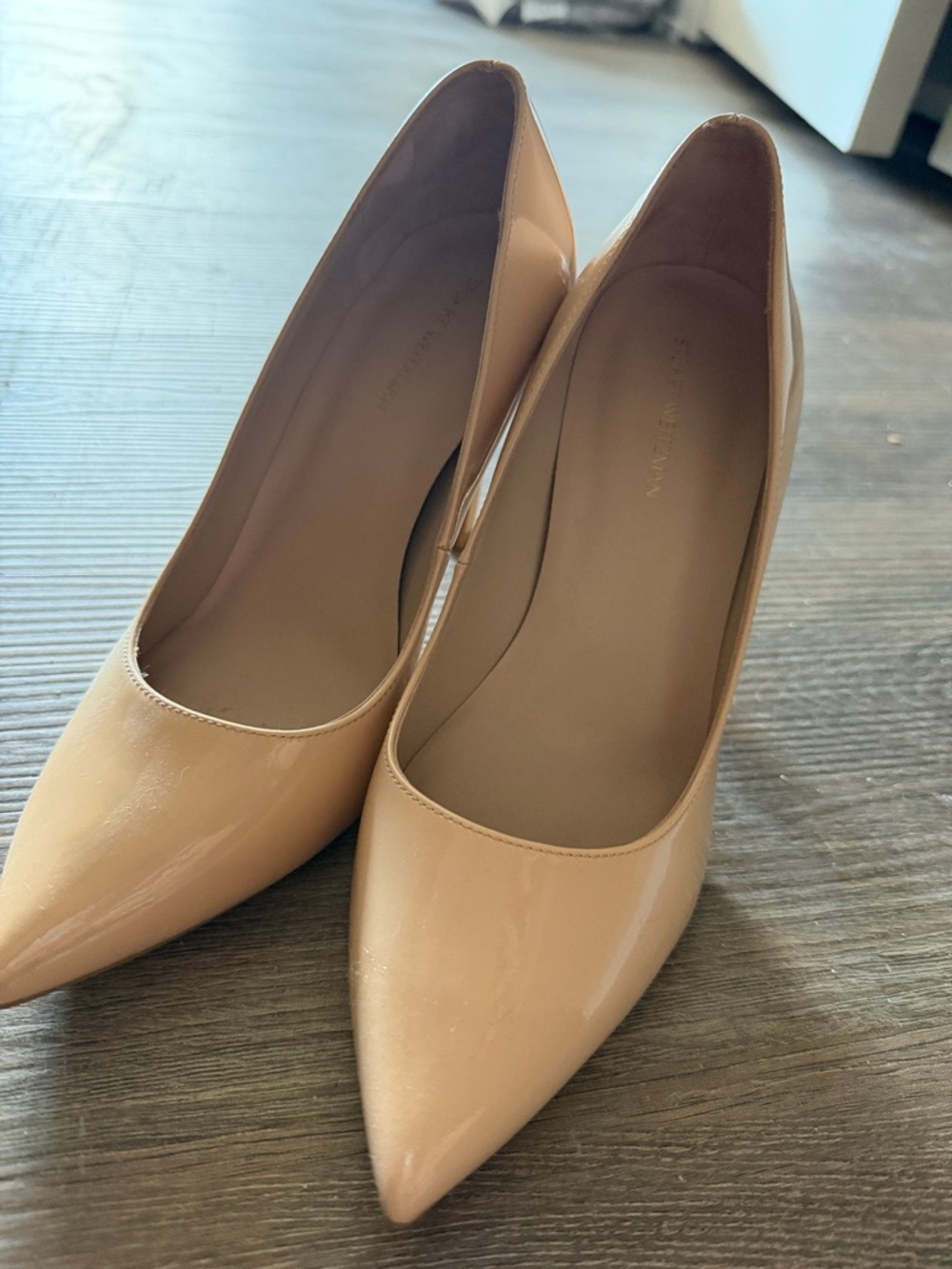 Stuart Weitzman Nude Patent Pointed Toe Heels